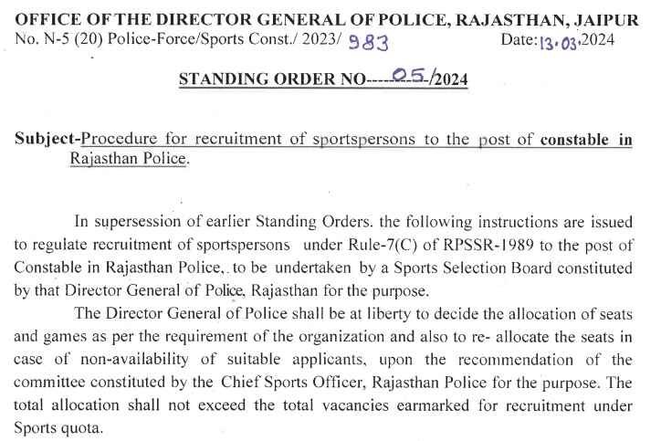 Rajasthan Police Constable Sports Person Recruitment 2024
